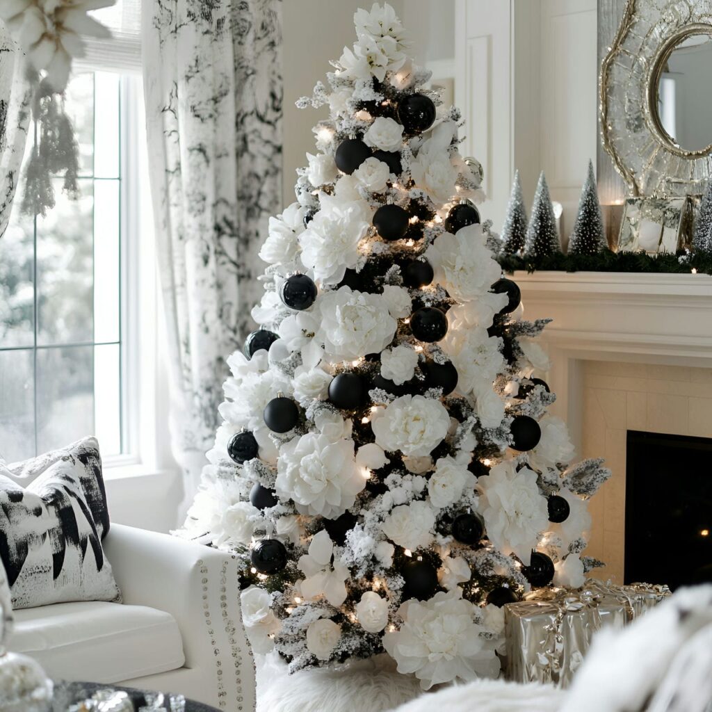 24. Black & White Tree with Floral Accents for Fresh Details