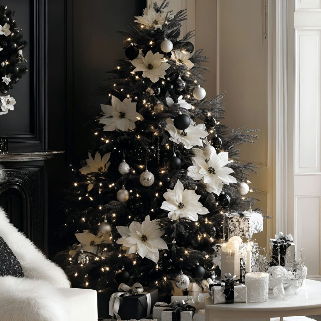 24. Black & White Tree with Floral Accents for Fresh Details