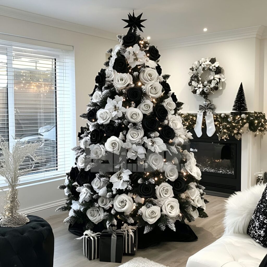 24. Black & White Tree with Floral Accents for Fresh Details