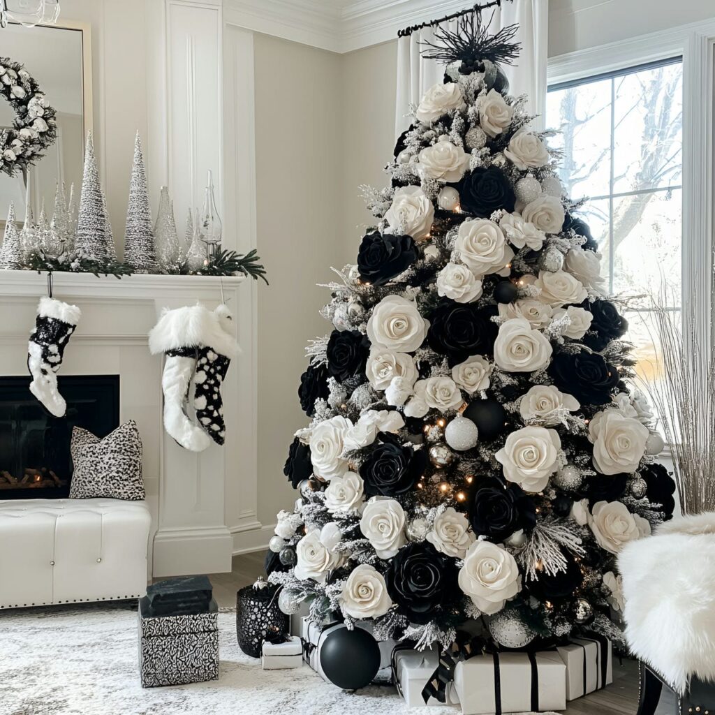 24. Black & White Tree with Floral Accents for Fresh Details