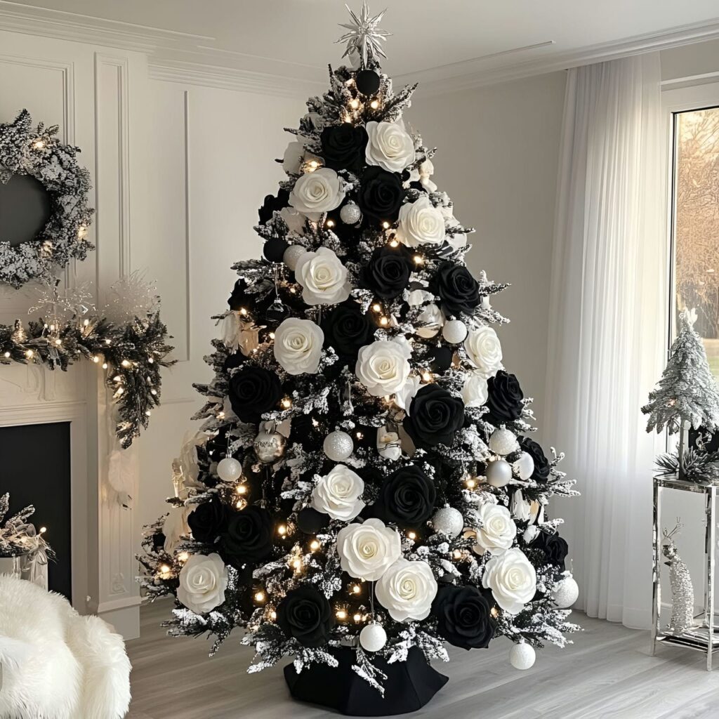 24. Black & White Tree with Floral Accents for Fresh Details