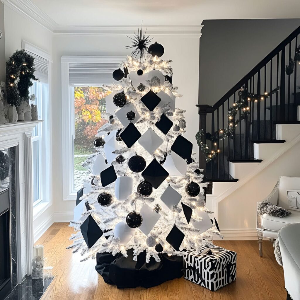 20. Black & White Tree with Geometric Decorations for Modern Style