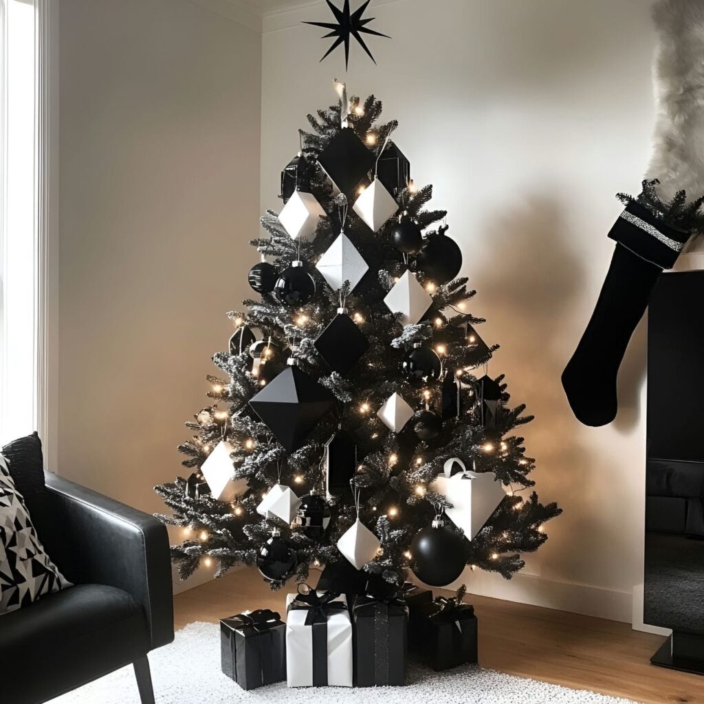 20. Black & White Tree with Geometric Decorations for Modern Style