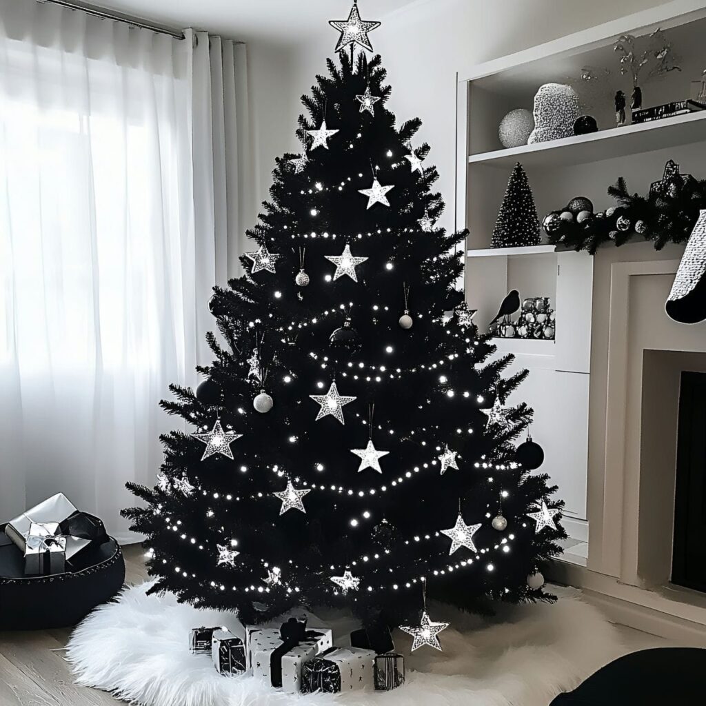 30. Black & White Tree with Glittering Stars for Festive Sparkle