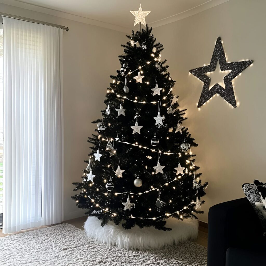 30. Black & White Tree with Glittering Stars for Festive Sparkle