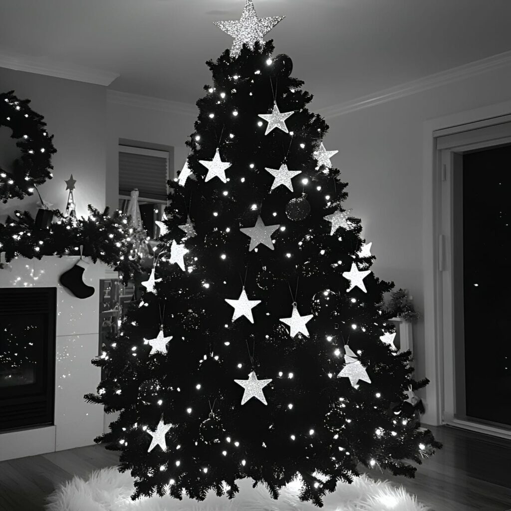 30. Black & White Tree with Glittering Stars for Festive Sparkle