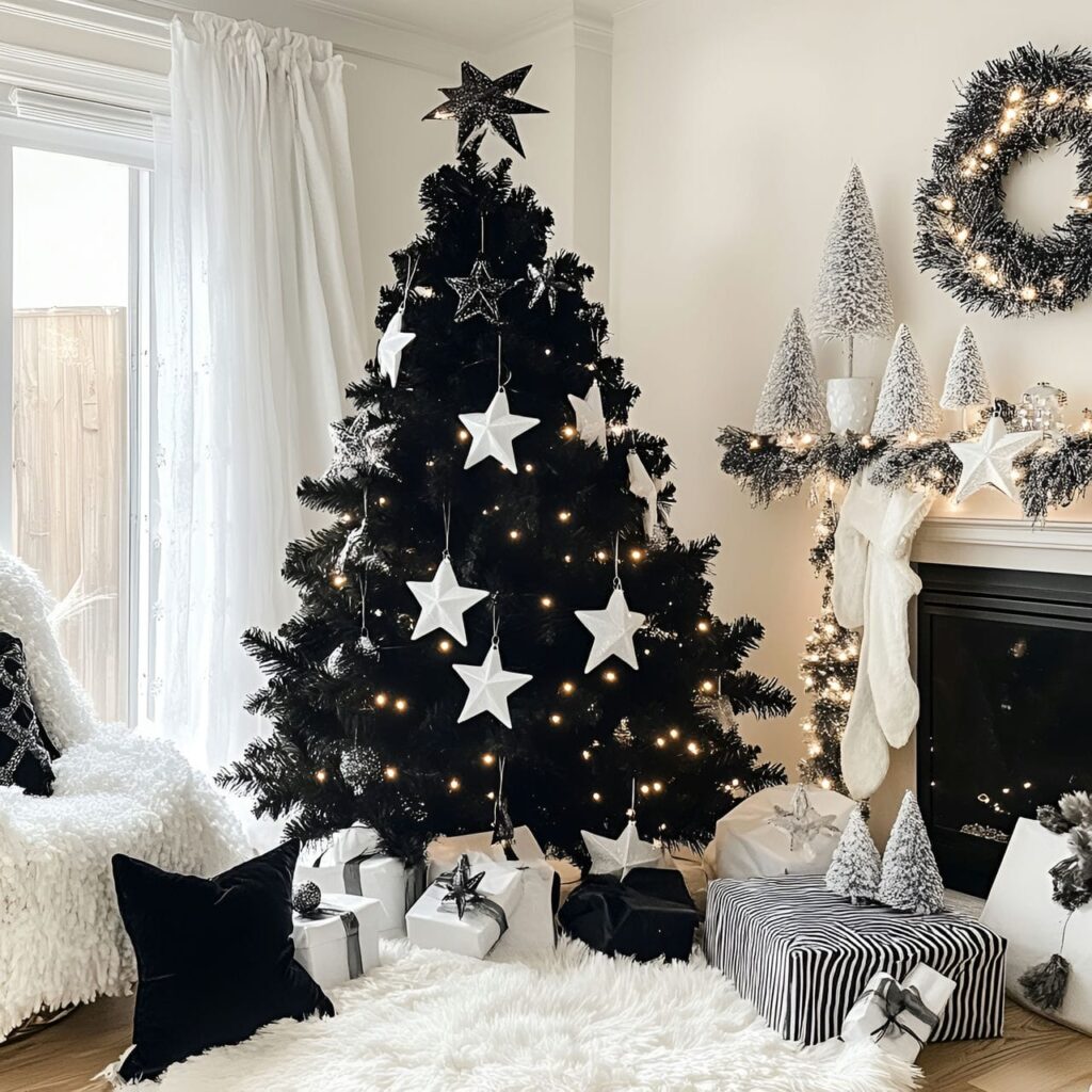 30. Black & White Tree with Glittering Stars for Festive Sparkle