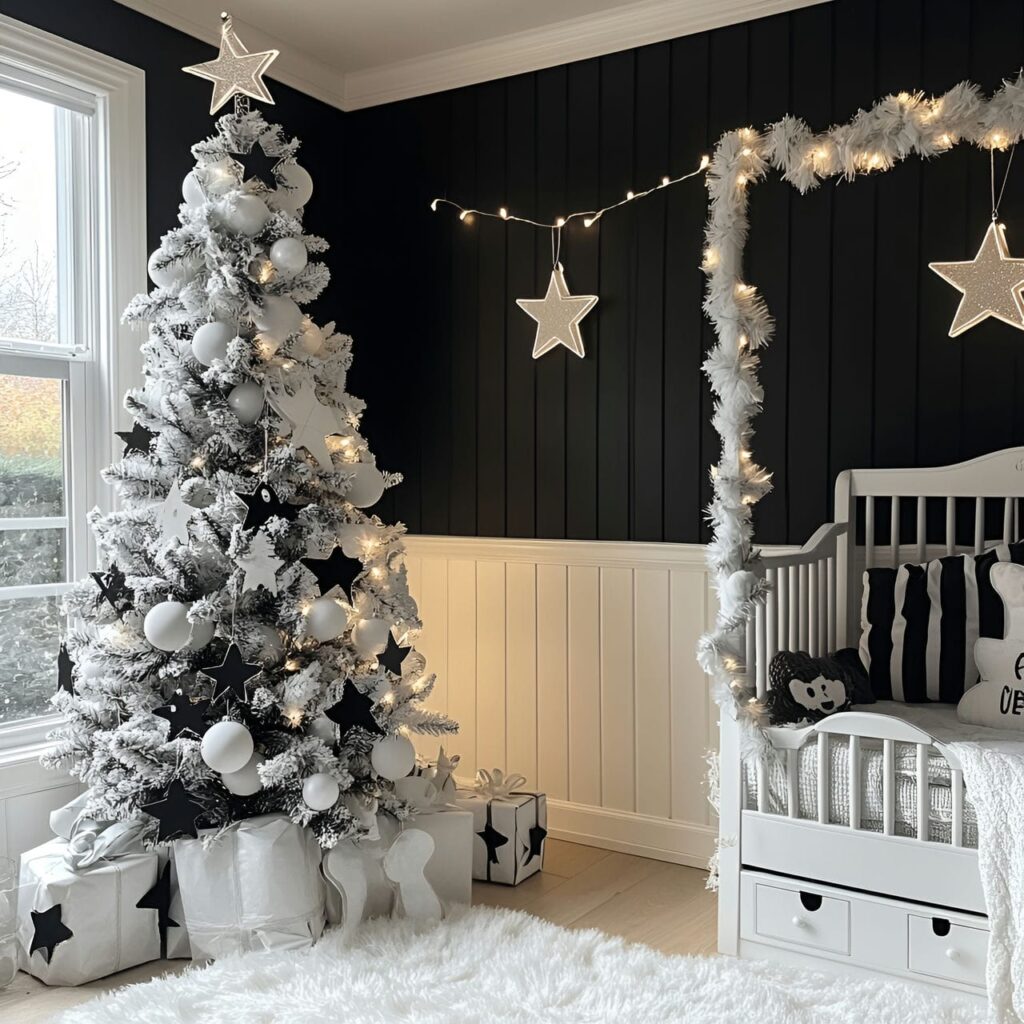 30. Black & White Tree with Glittering Stars for Festive Sparkle