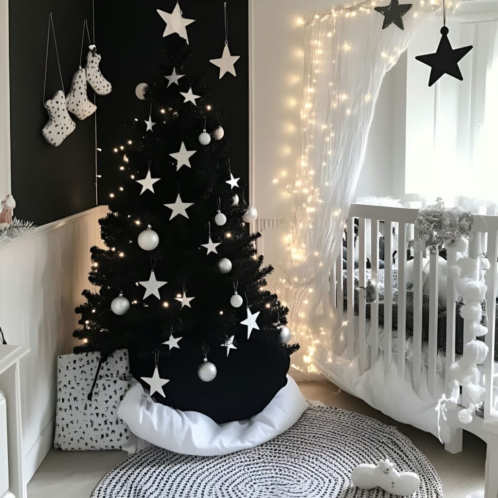 30. Black & White Tree with Glittering Stars for Festive Sparkle