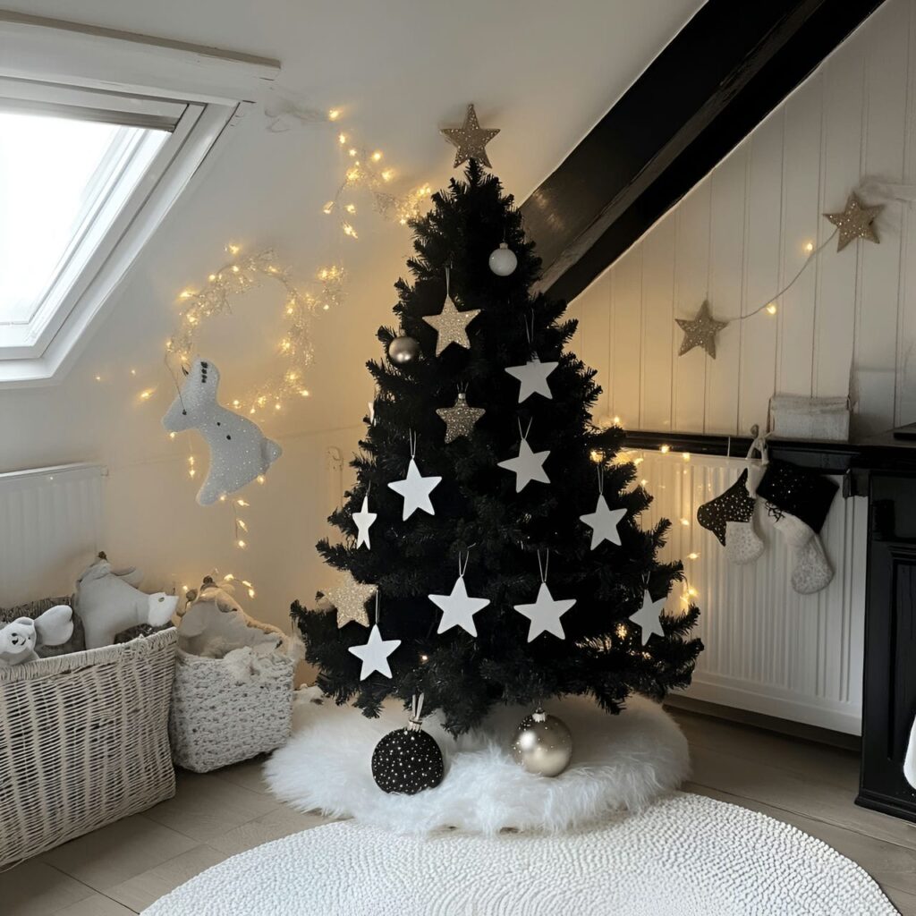 30. Black & White Tree with Glittering Stars for Festive Sparkle