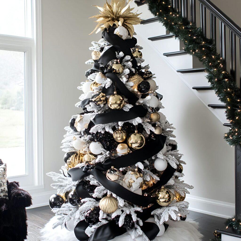 14. Black & White Tree with Gold Ornaments for Glamorous Style