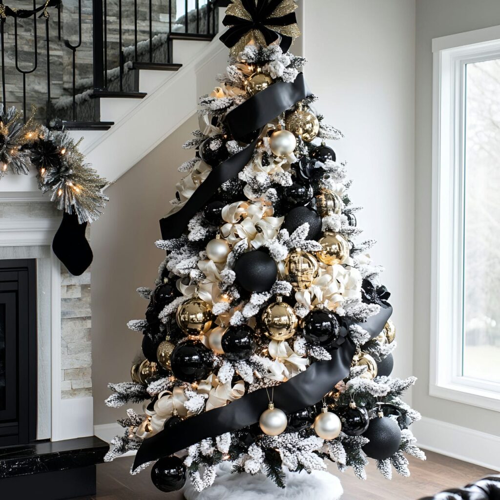 14. Black & White Tree with Gold Ornaments for Glamorous Style