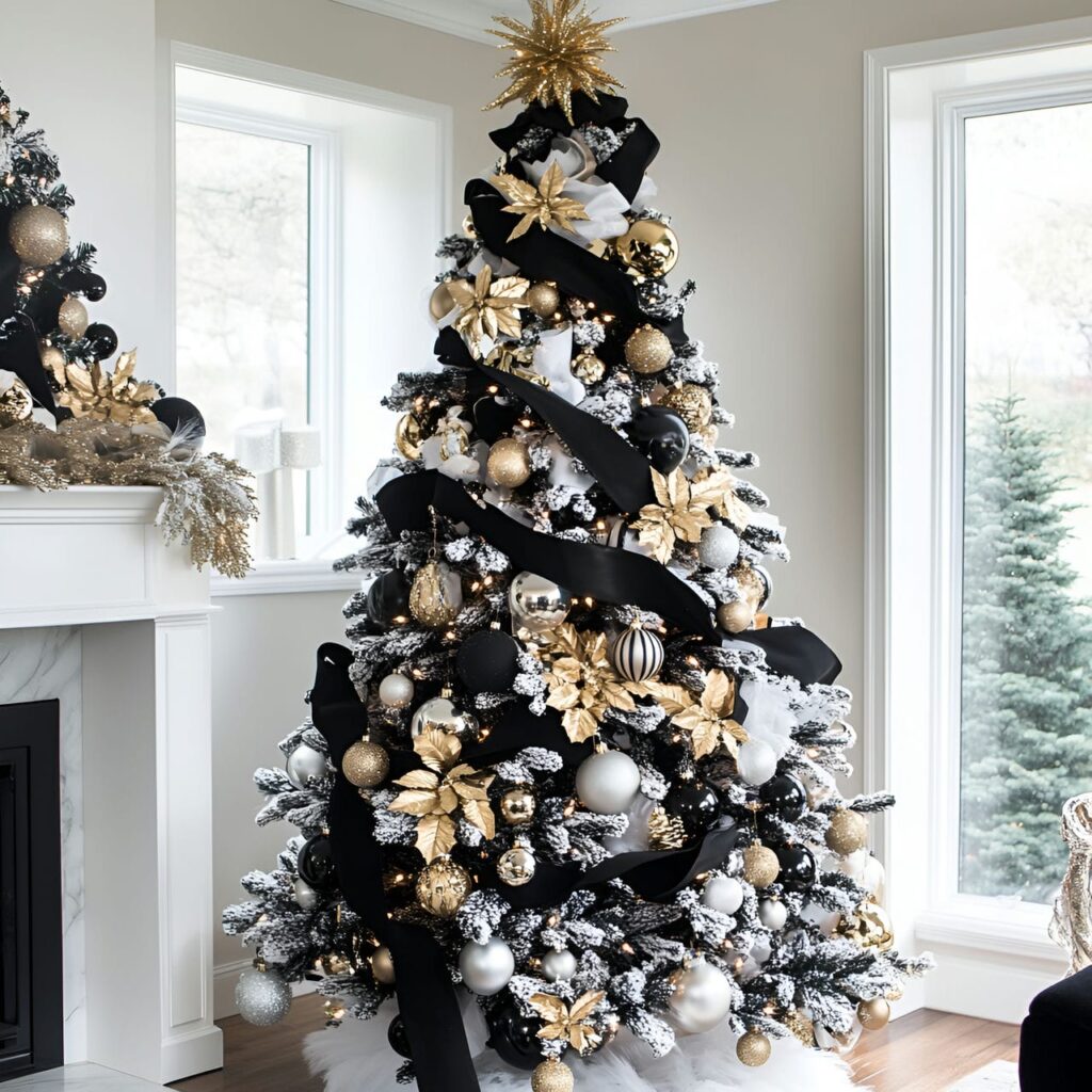 14. Black & White Tree with Gold Ornaments for Glamorous Style