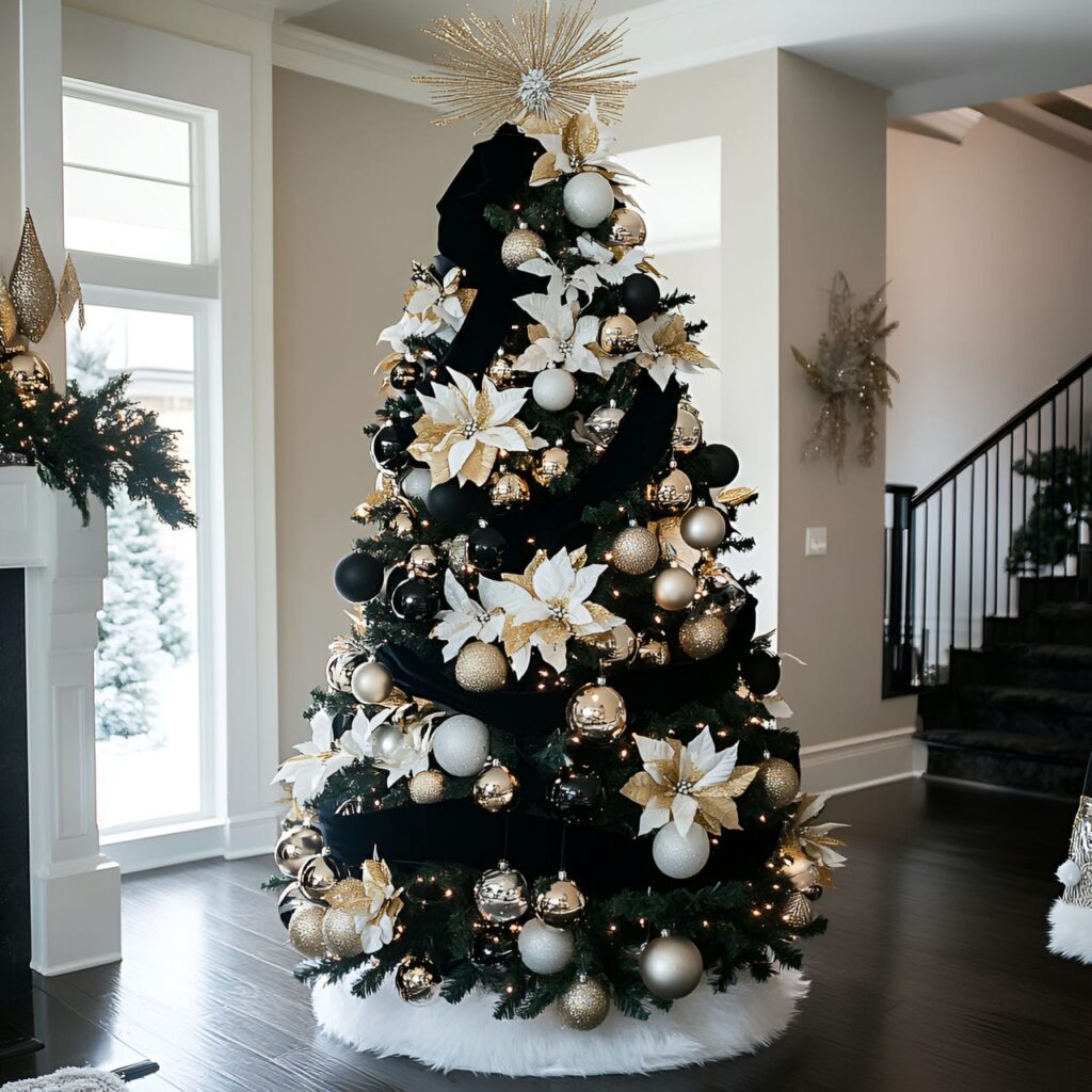 14. Black & White Tree with Gold Ornaments for Glamorous Style