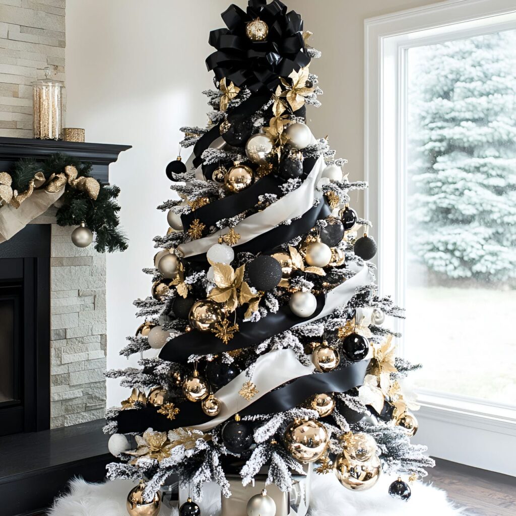 14. Black & White Tree with Gold Ornaments for Glamorous Style