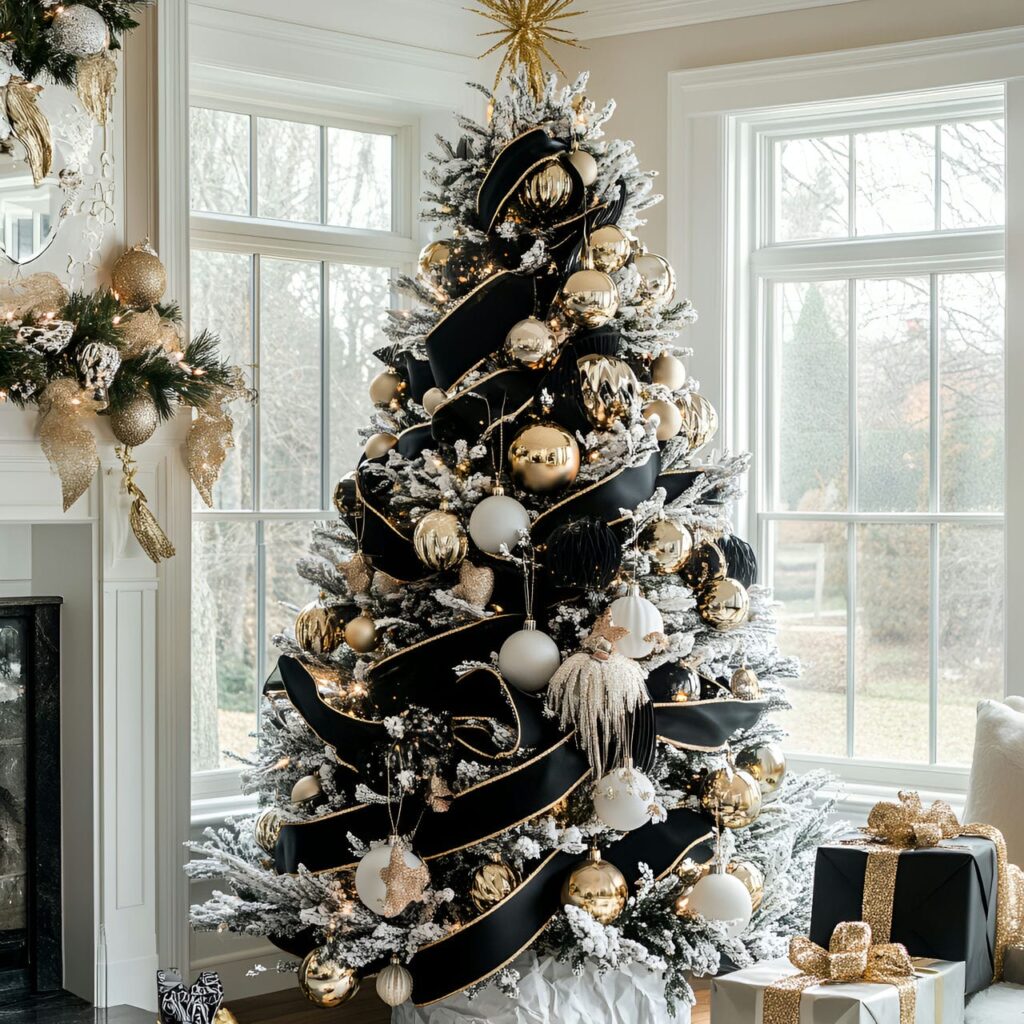 14. Black & White Tree with Gold Ornaments for Glamorous Style