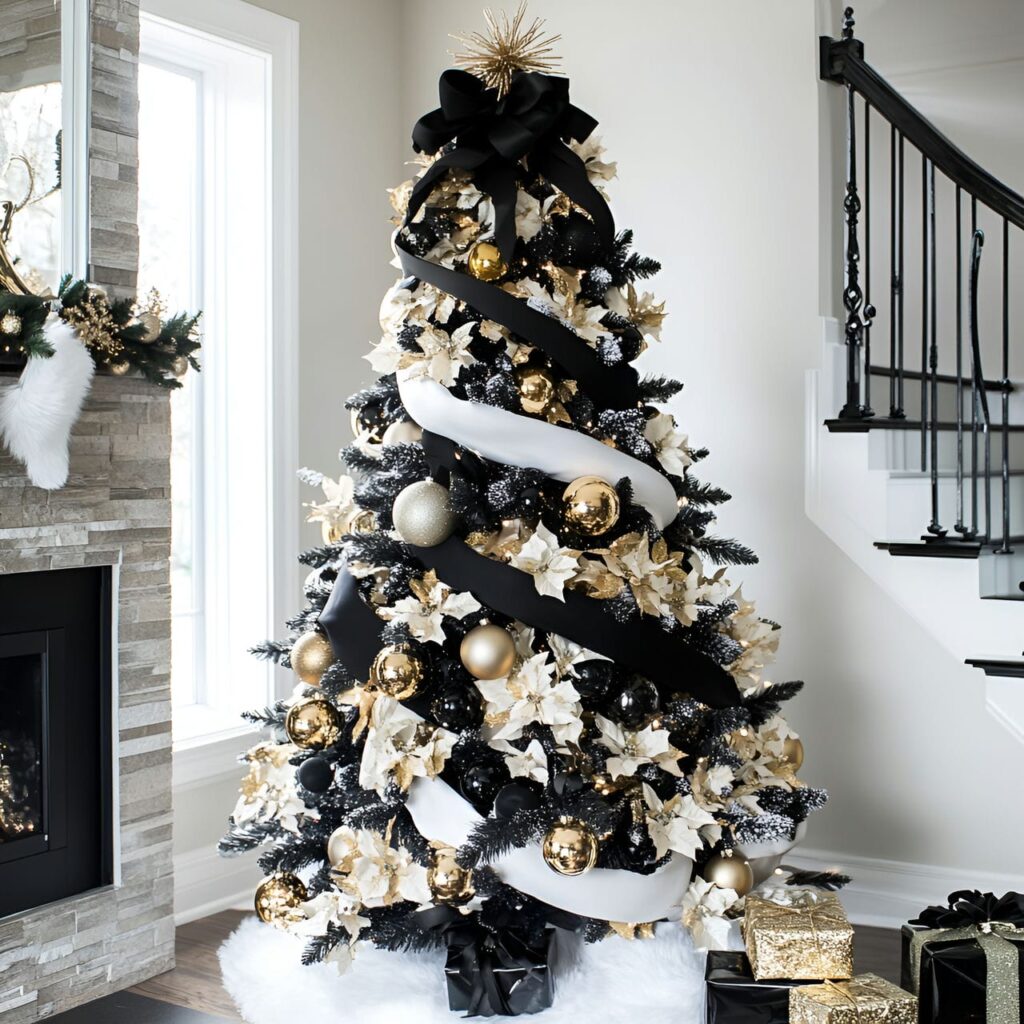 14. Black & White Tree with Gold Ornaments for Glamorous Style