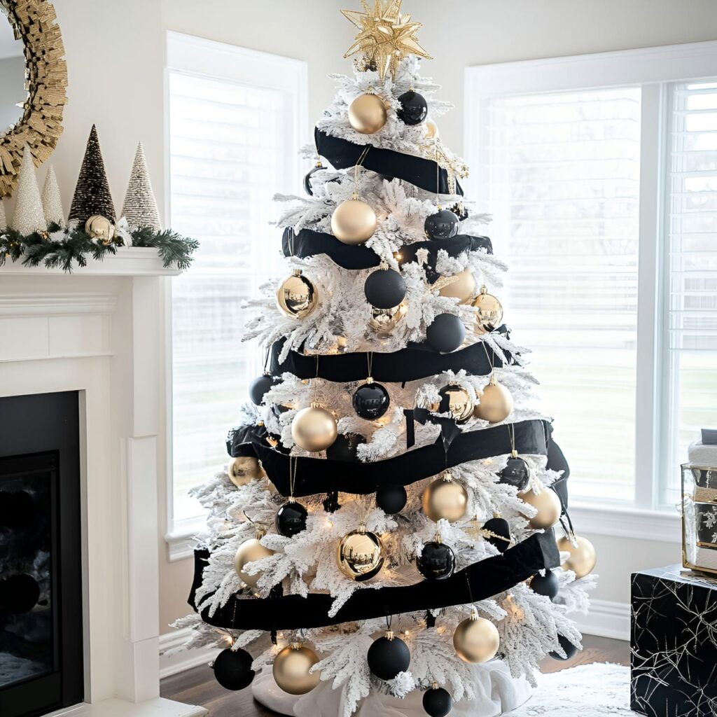 14. Black & White Tree with Gold Ornaments for Glamorous Style