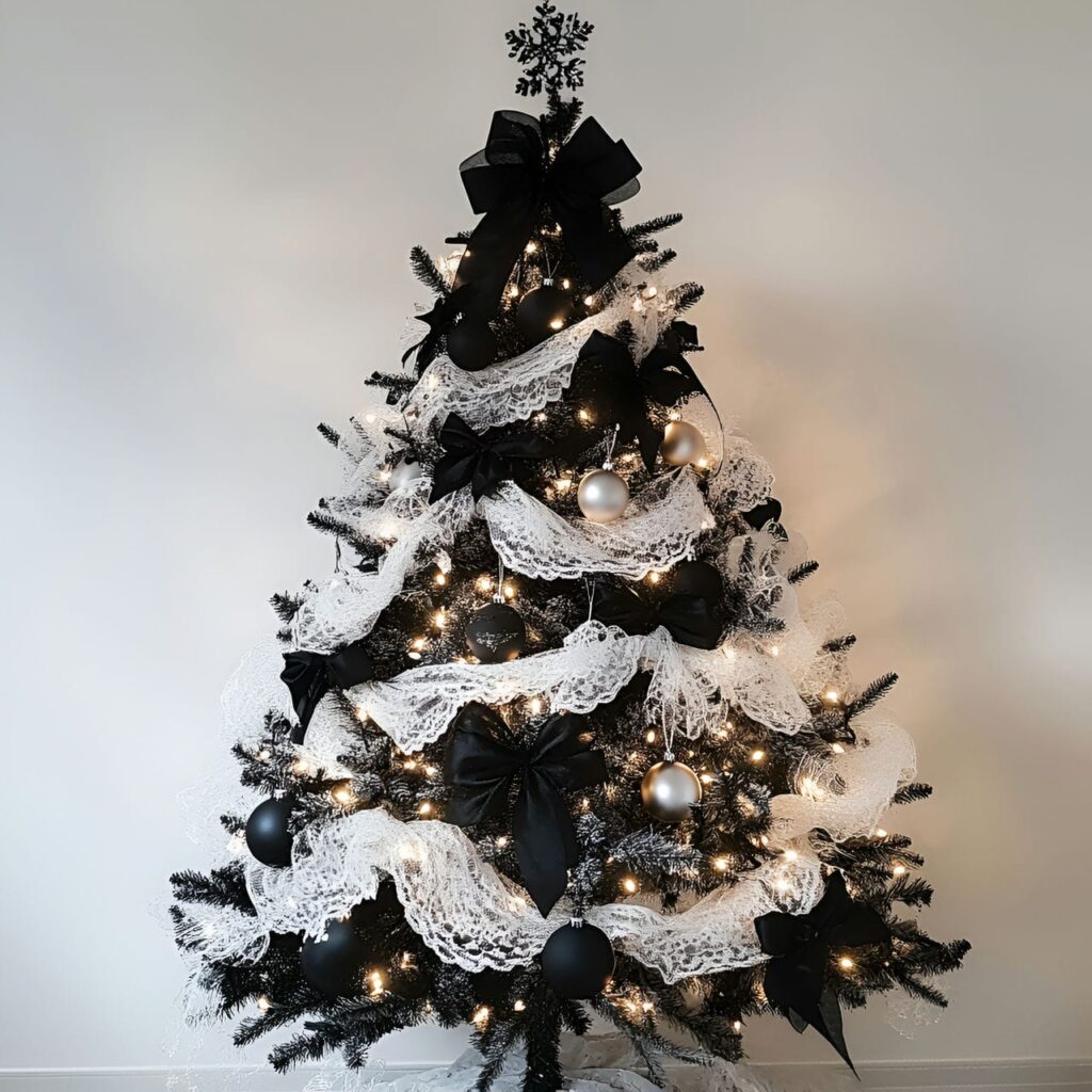 19. Black & White Tree with Lace Ornaments for Vintage Touch