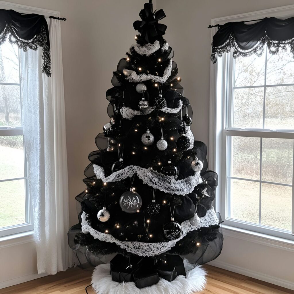 19. Black & White Tree with Lace Ornaments for Vintage Touch