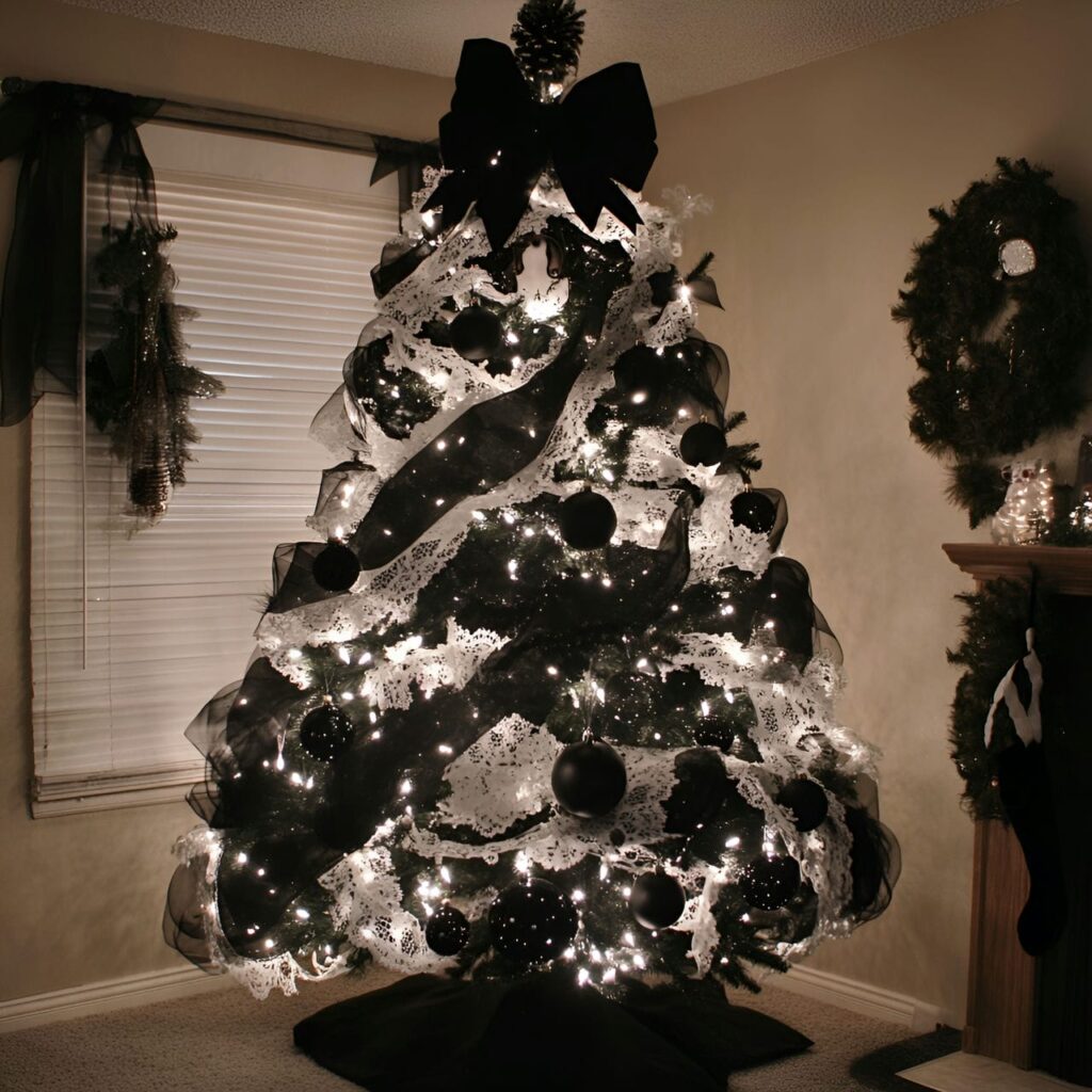 19. Black & White Tree with Lace Ornaments for Vintage Touch