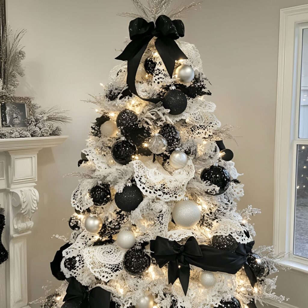 19. Black & White Tree with Lace Ornaments for Vintage Touch