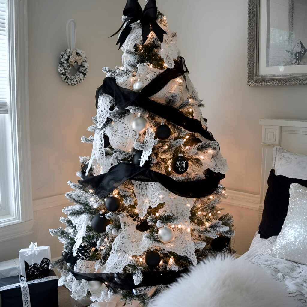 19. Black & White Tree with Lace Ornaments for Vintage Touch