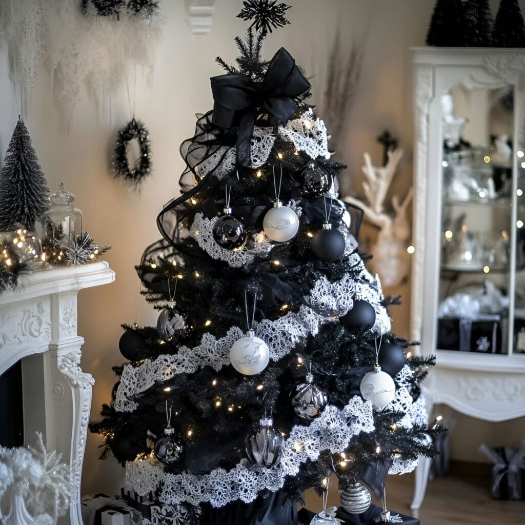 19. Black & White Tree with Lace Ornaments for Vintage Touch