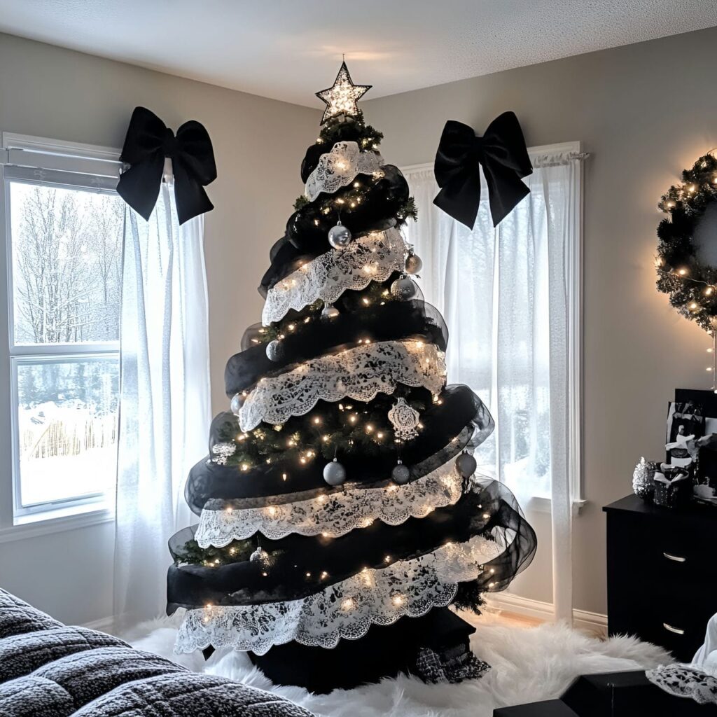 19. Black & White Tree with Lace Ornaments for Vintage Touch