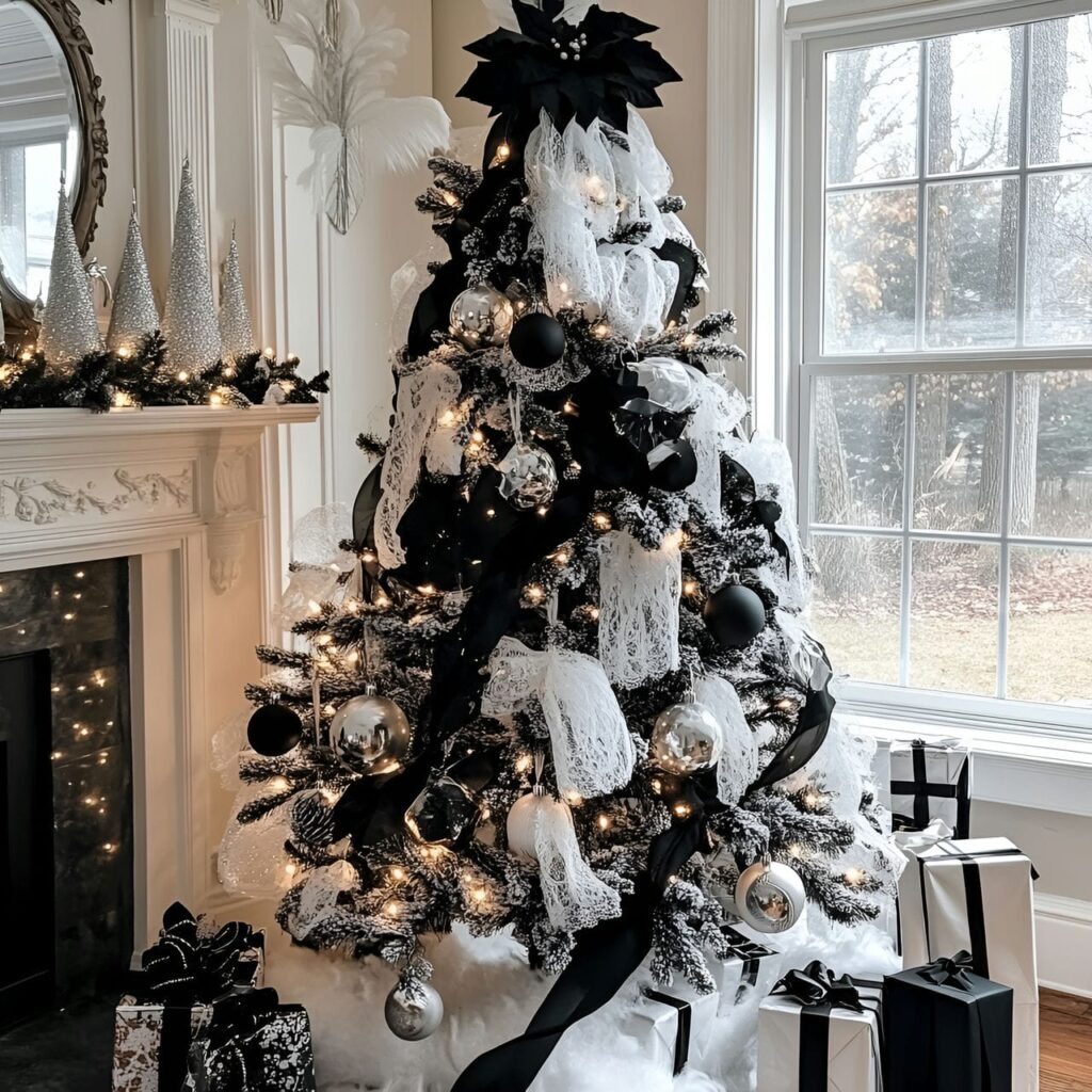 19. Black & White Tree with Lace Ornaments for Vintage Touch