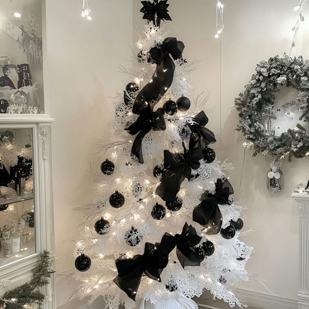 19. Black & White Tree with Lace Ornaments for Vintage Touch