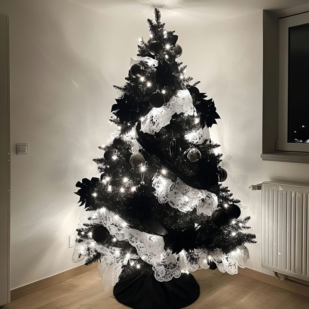 19. Black & White Tree with Lace Ornaments for Vintage Touch