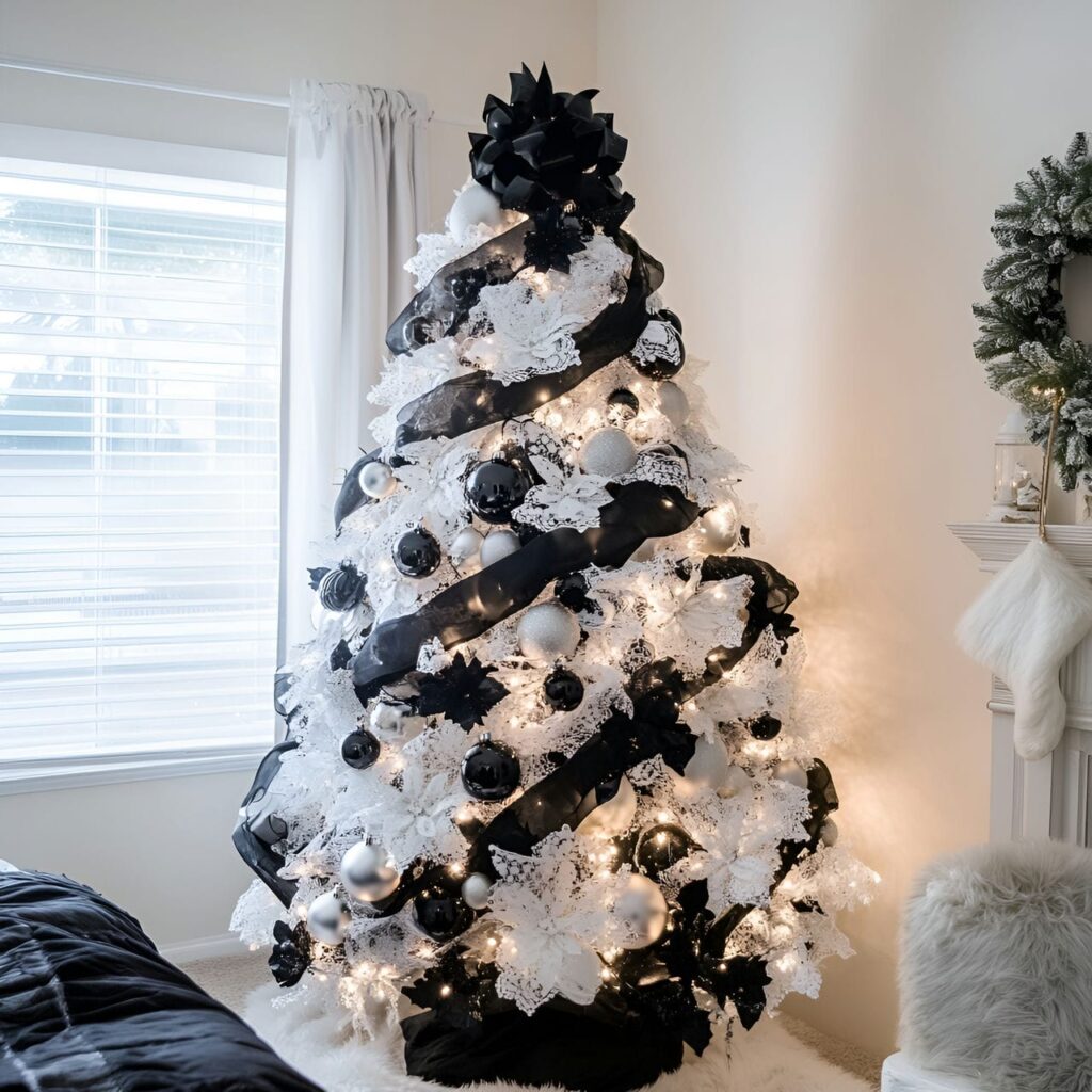 19. Black & White Tree with Lace Ornaments for Vintage Touch