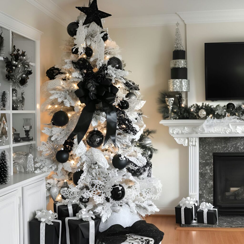 19. Black & White Tree with Lace Ornaments for Vintage Touch