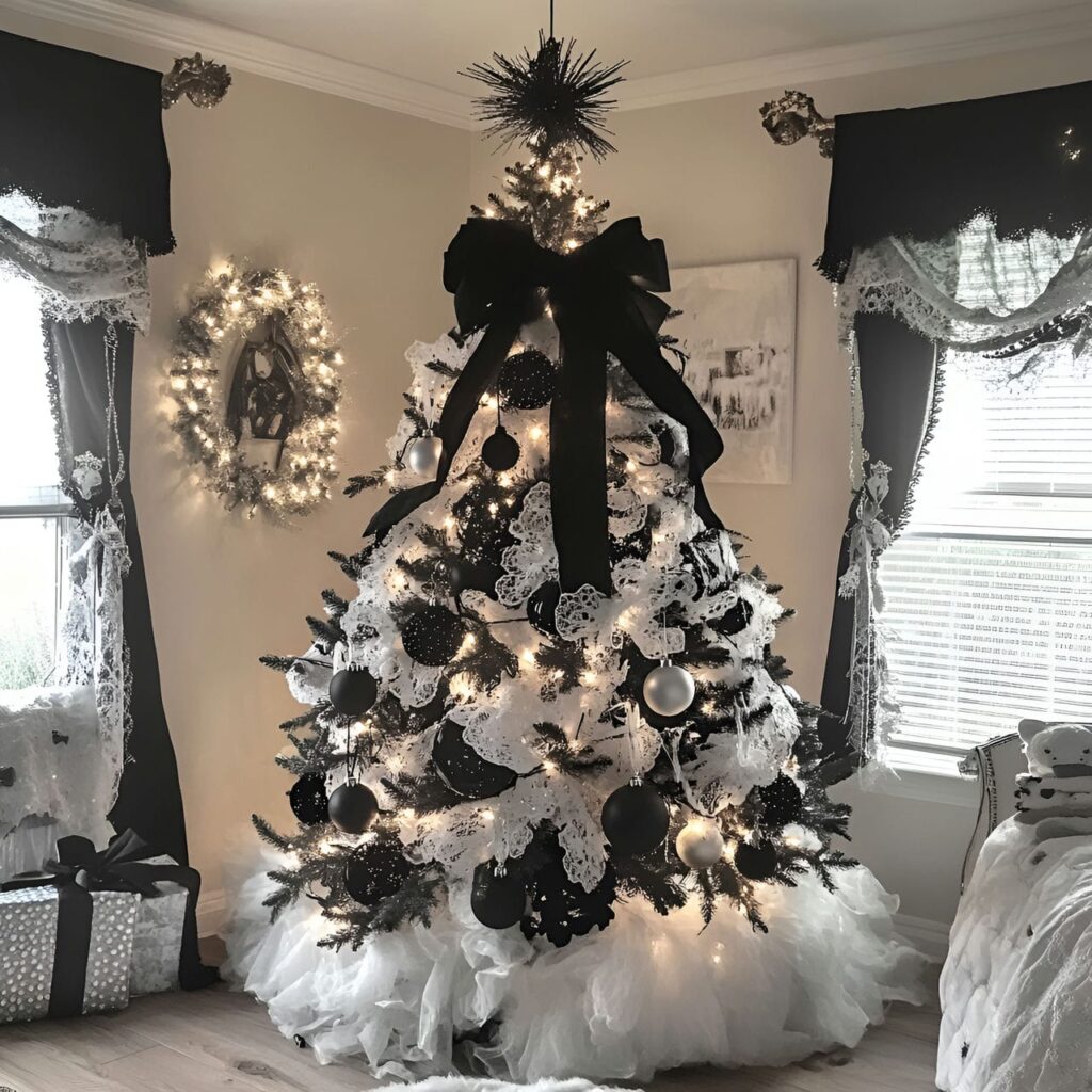 19. Black & White Tree with Lace Ornaments for Vintage Touch