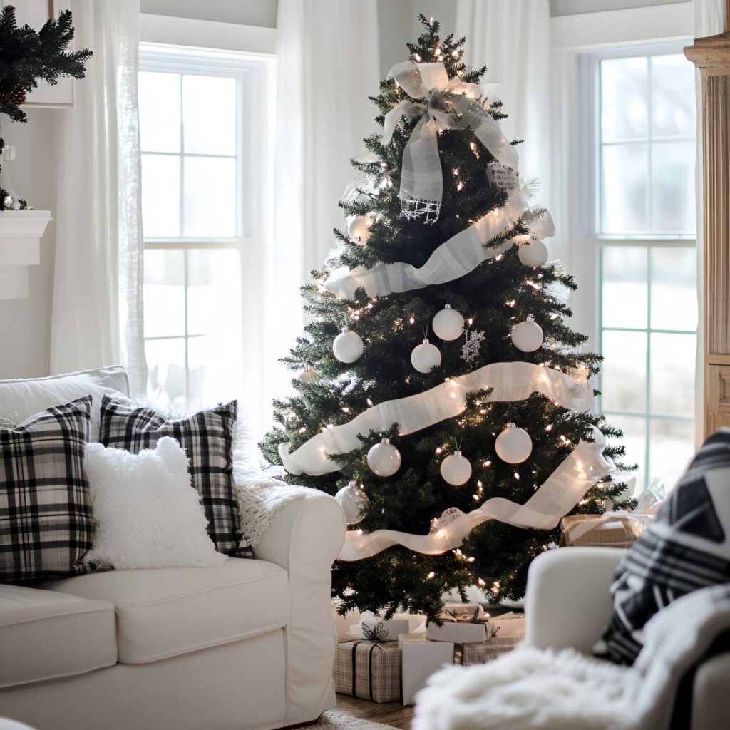 13. Black & White Tree with Plaid Accents for Cozy Appeal