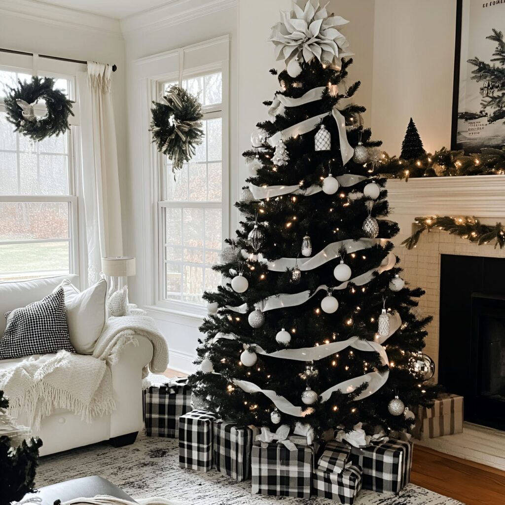 13. Black & White Tree with Plaid Accents for Cozy Appeal