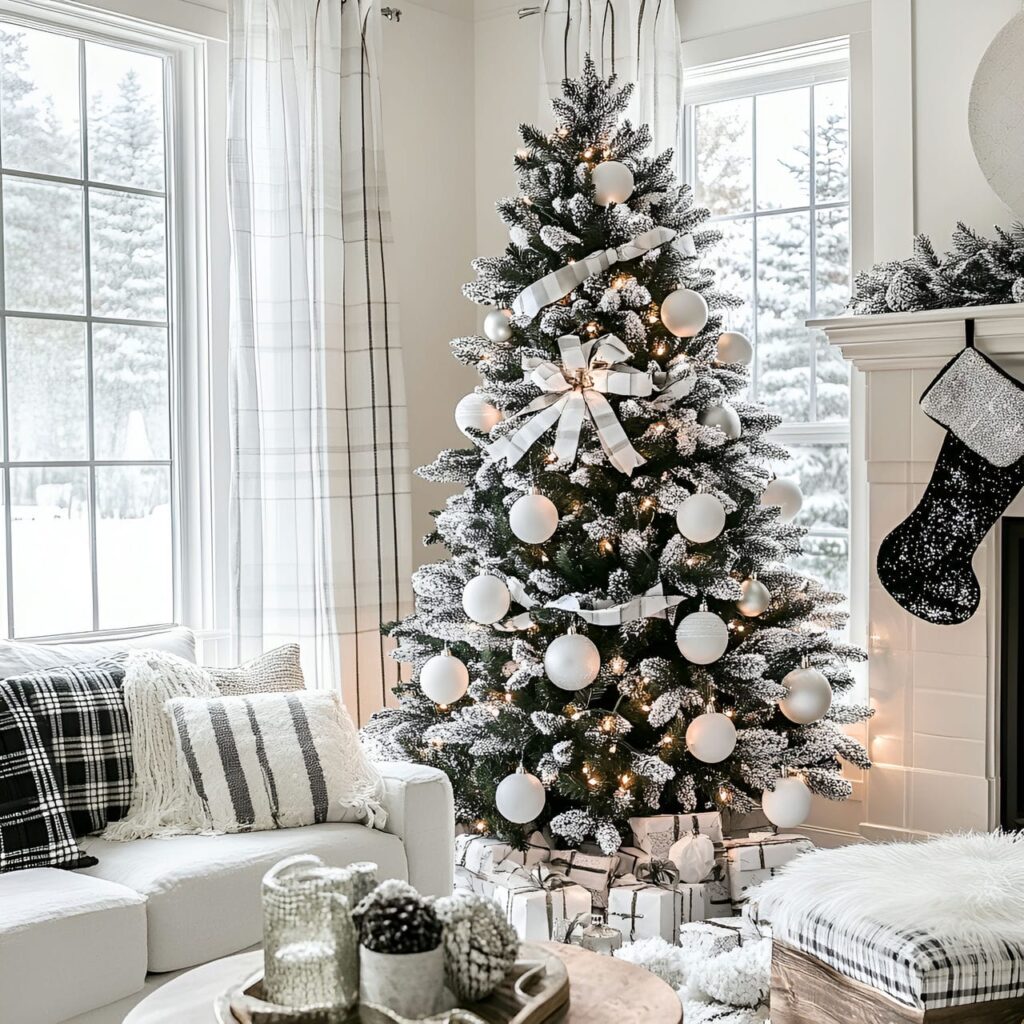 13. Black & White Tree with Plaid Accents for Cozy Appeal