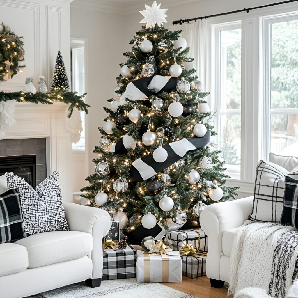 13. Black & White Tree with Plaid Accents for Cozy Appeal