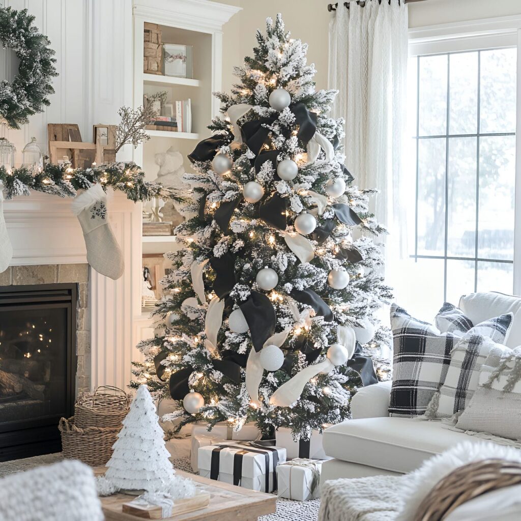 13. Black & White Tree with Plaid Accents for Cozy Appeal