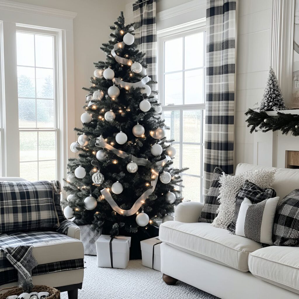 13. Black & White Tree with Plaid Accents for Cozy Appeal