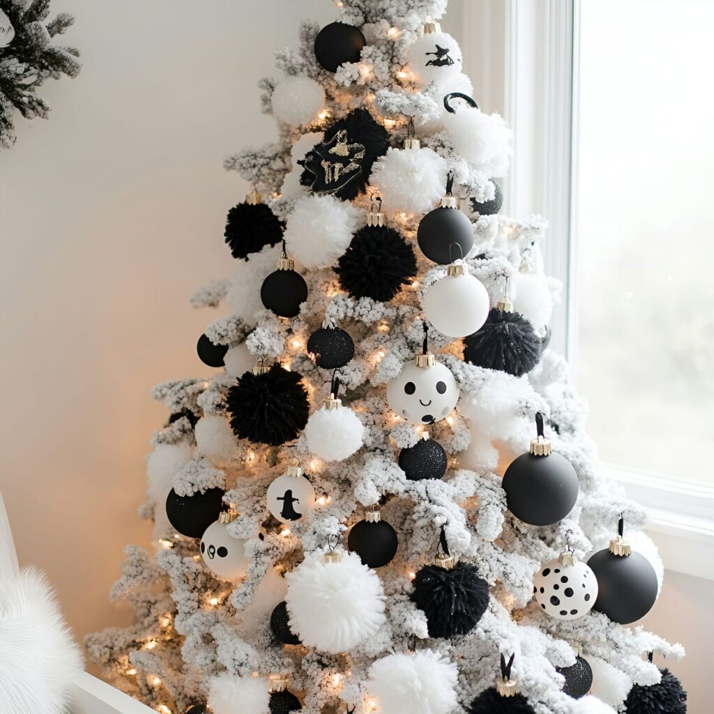 17. Black & White Tree with Pom-Poms for a Playful Effect