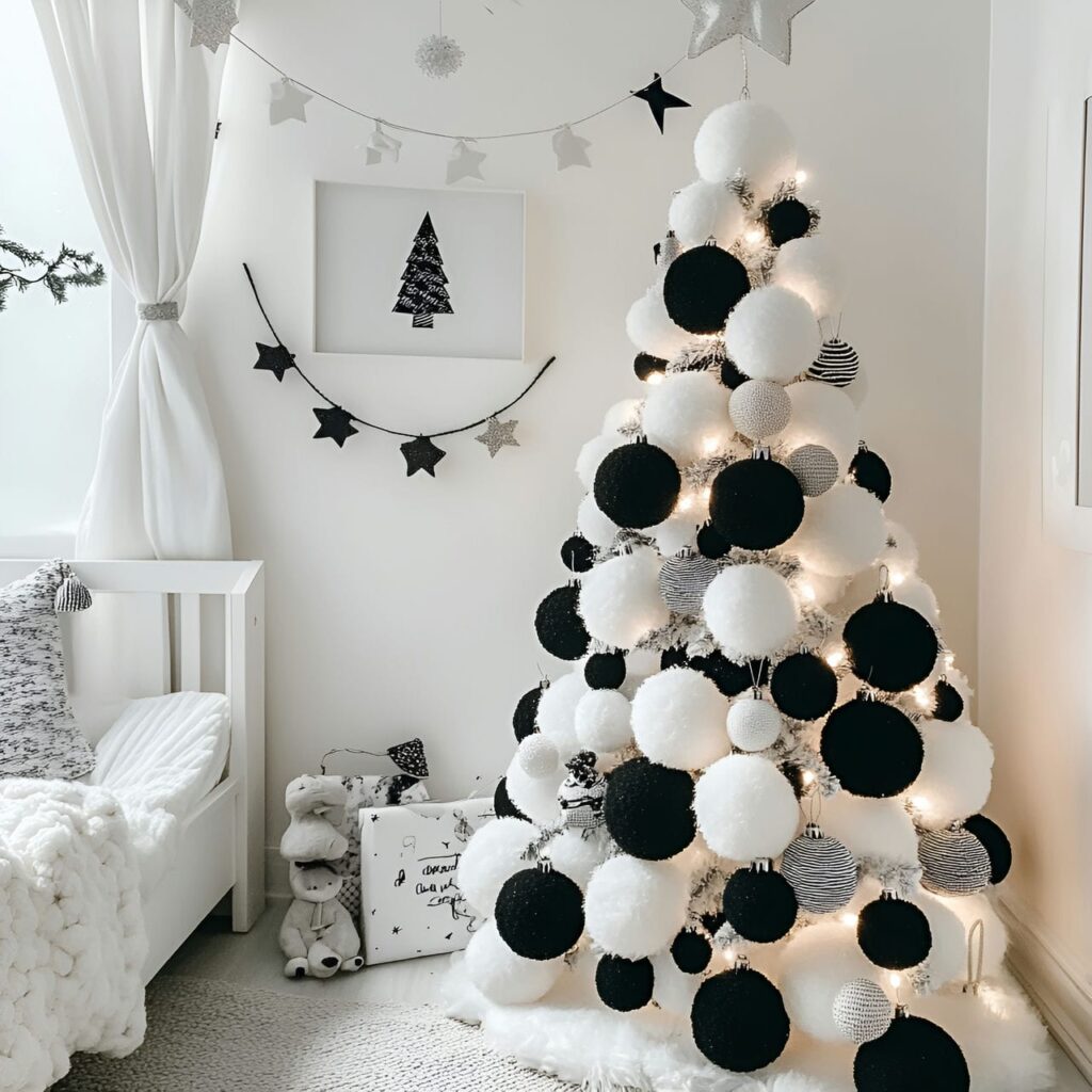 17. Black & White Tree with Pom-Poms for a Playful Effect