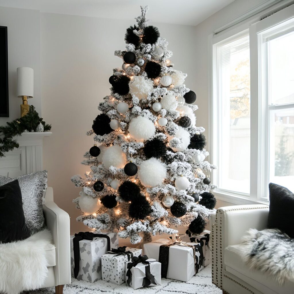 17. Black & White Tree with Pom-Poms for a Playful Effect