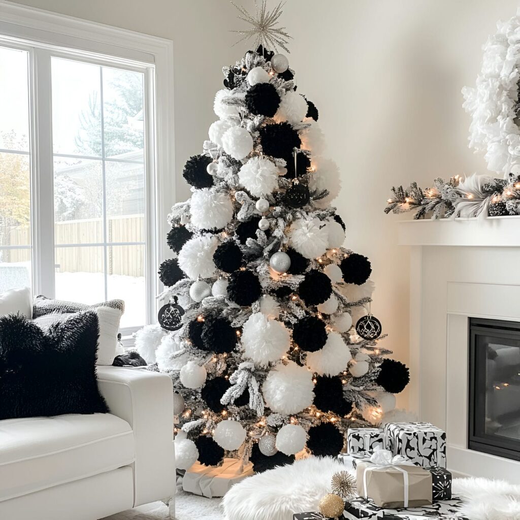 17. Black & White Tree with Pom-Poms for a Playful Effect