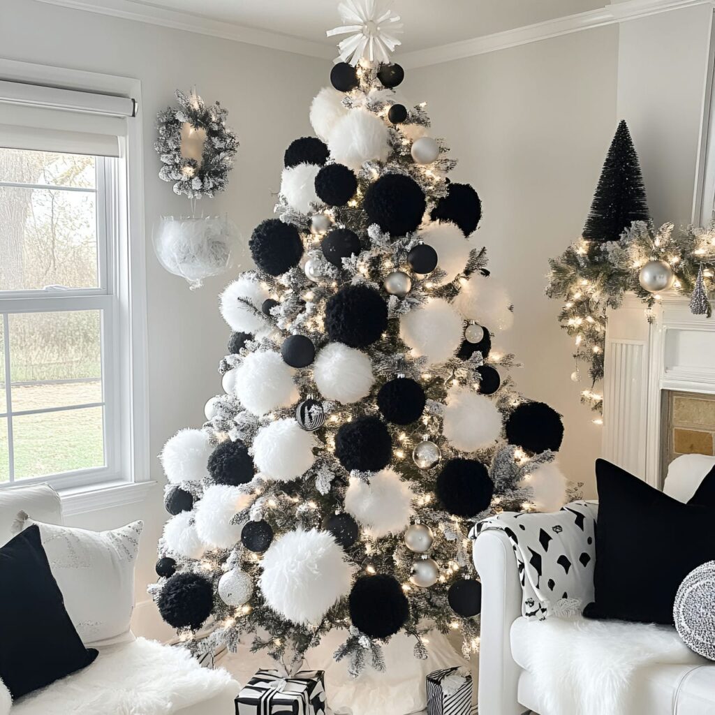 17. Black & White Tree with Pom-Poms for a Playful Effect