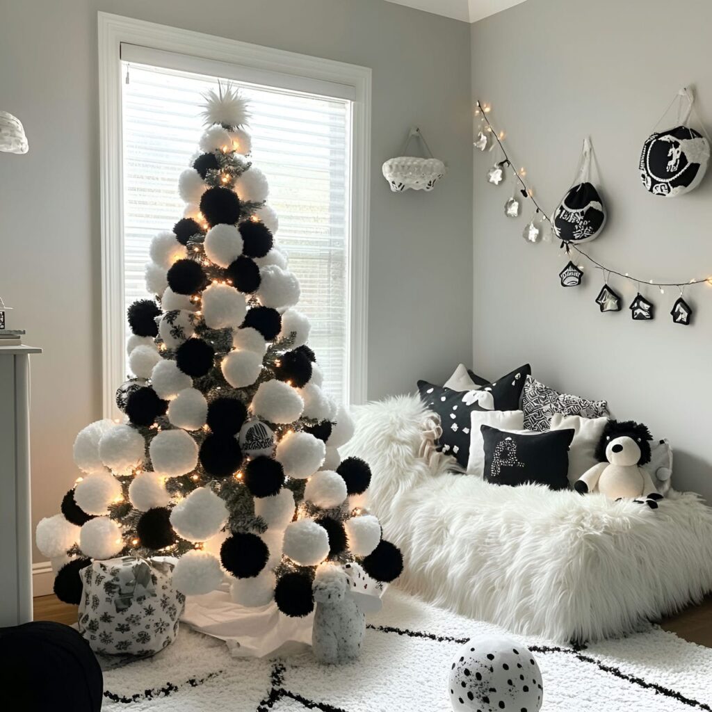 17. Black & White Tree with Pom-Poms for a Playful Effect