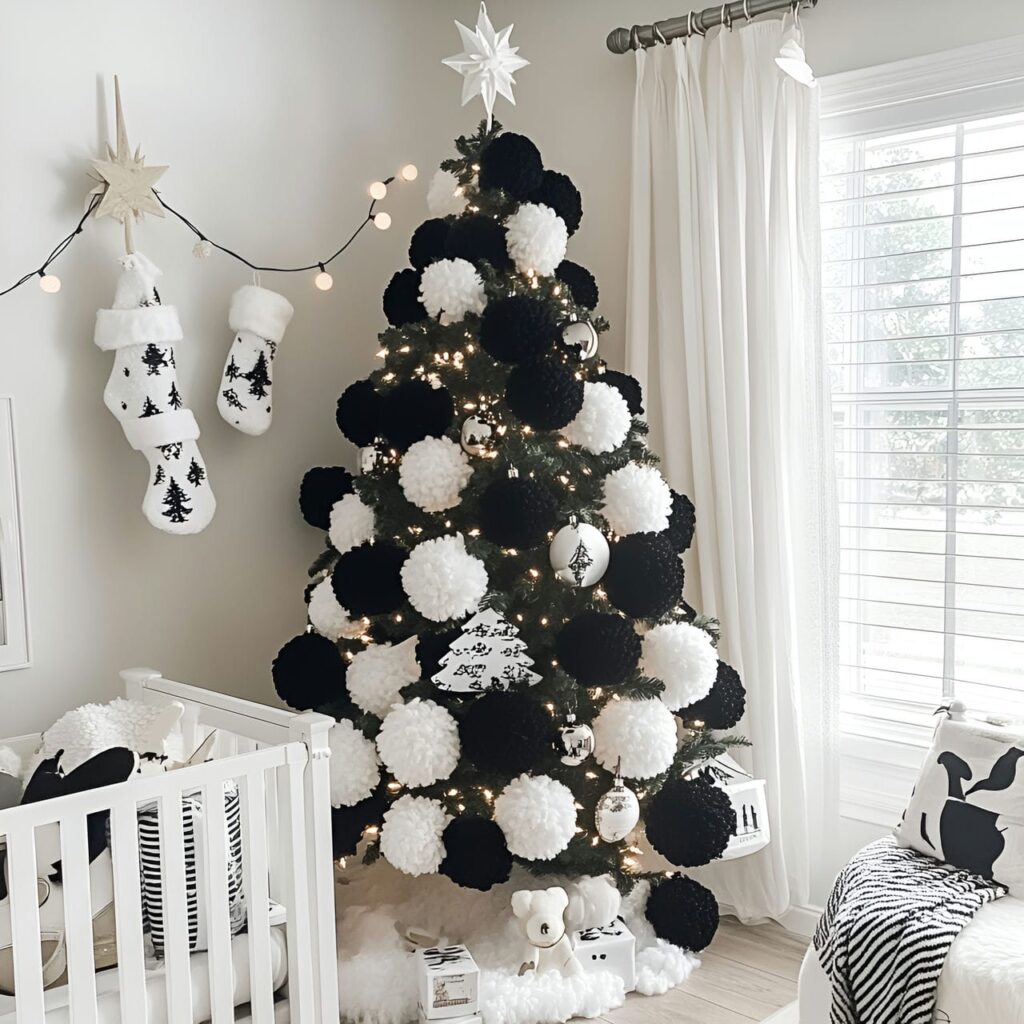 17. Black & White Tree with Pom-Poms for a Playful Effect