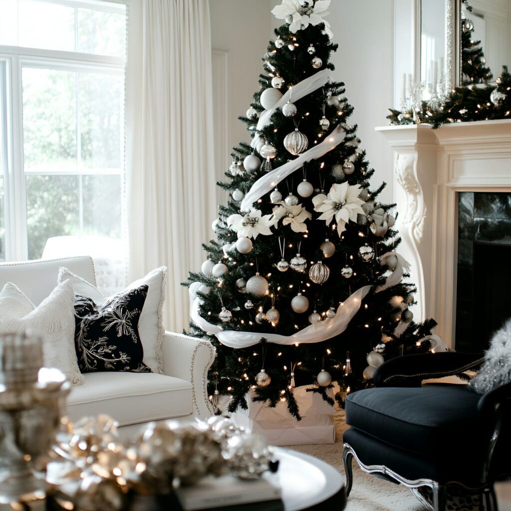 28. Black & White Tree with Ribbon Garlands for Flowing Design