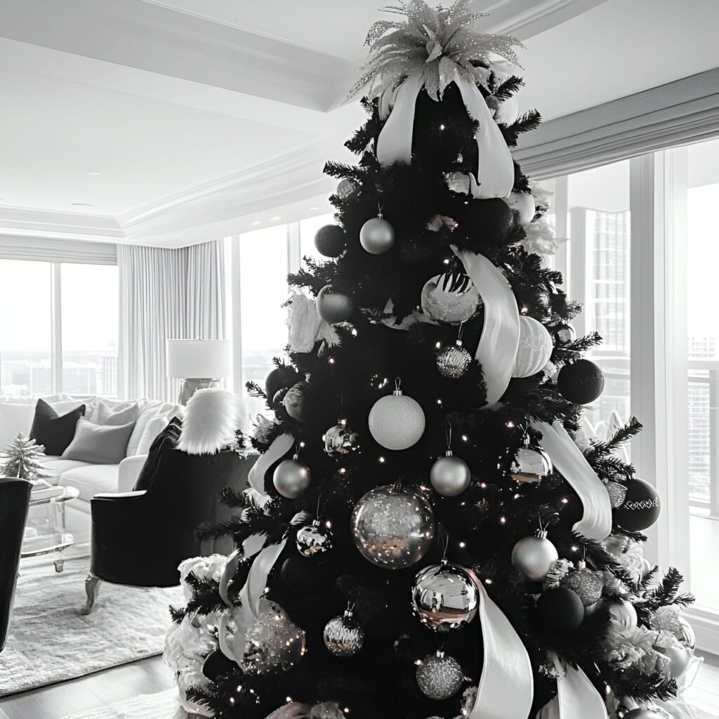 28. Black & White Tree with Ribbon Garlands for Flowing Design